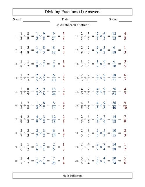 The Dividing Two Proper Fractions with All Simplification (J) Math Worksheet Page 2