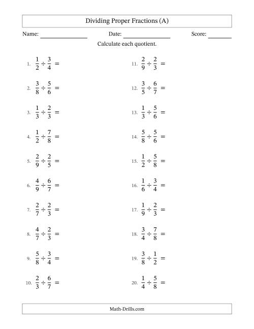 The Dividing Two Proper Fractions with All Simplifying (All) Math Worksheet