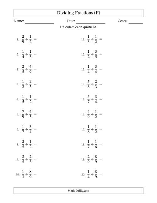 The Dividing Two Proper Fractions with Some Simplification (F) Math Worksheet