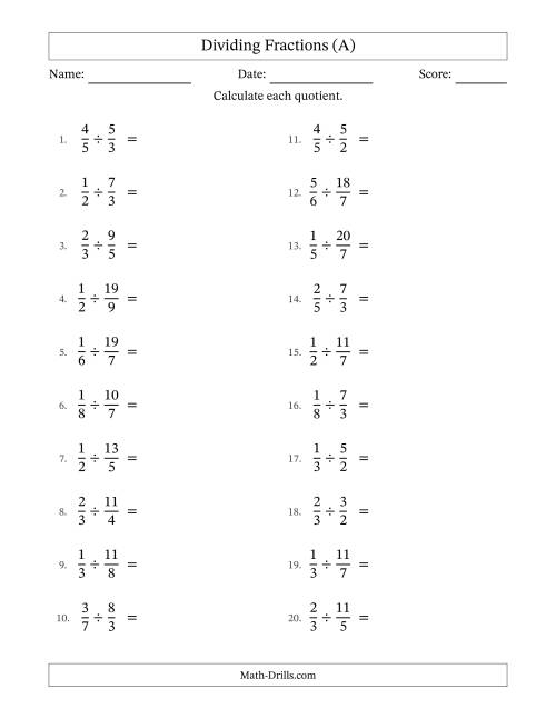 The Dividing Proper and Improper Fractions with No Simplifying (A) Math Worksheet