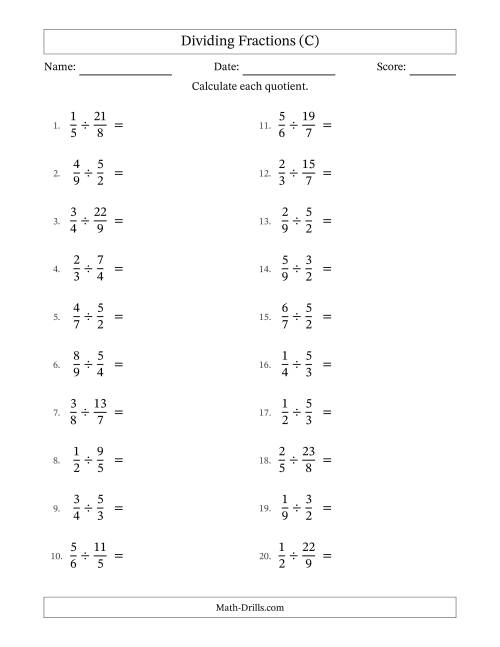 The Dividing Proper and Improper Fractions with No Simplification (C) Math Worksheet