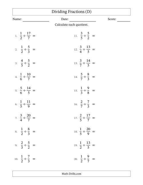 The Dividing Proper and Improper Fractions with No Simplification (D) Math Worksheet