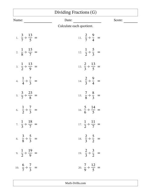 The Dividing Proper and Improper Fractions with No Simplification (G) Math Worksheet