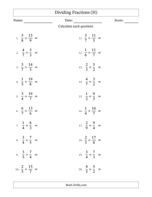 The Dividing Proper and Improper Fractions with No Simplification (H) Math Worksheet