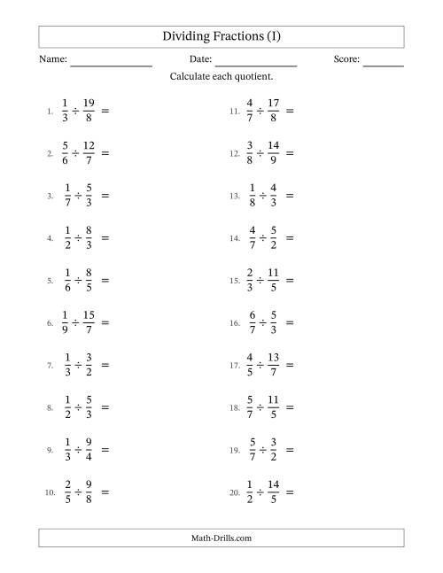 The Dividing Proper and Improper Fractions with No Simplification (I) Math Worksheet