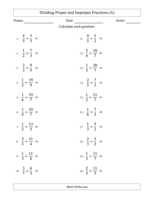 The Dividing Proper and Improper Fractions with No Simplifying (All) Math Worksheet