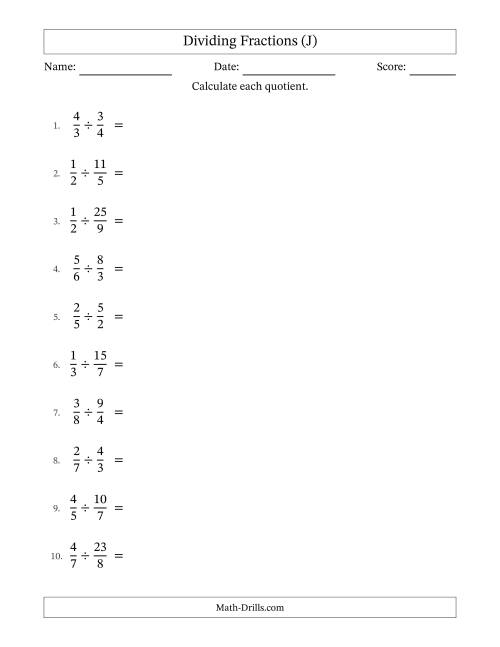 The Dividing Proper and Improper Fractions with Some Simplification (J) Math Worksheet