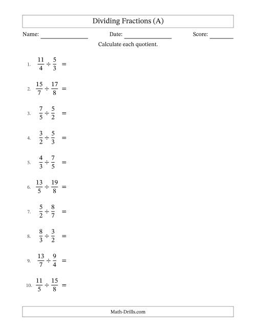 The Dividing Two Improper Fractions with No Simplifying (A) Math Worksheet