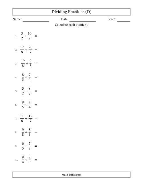 The Dividing Two Improper Fractions with No Simplification (D) Math Worksheet