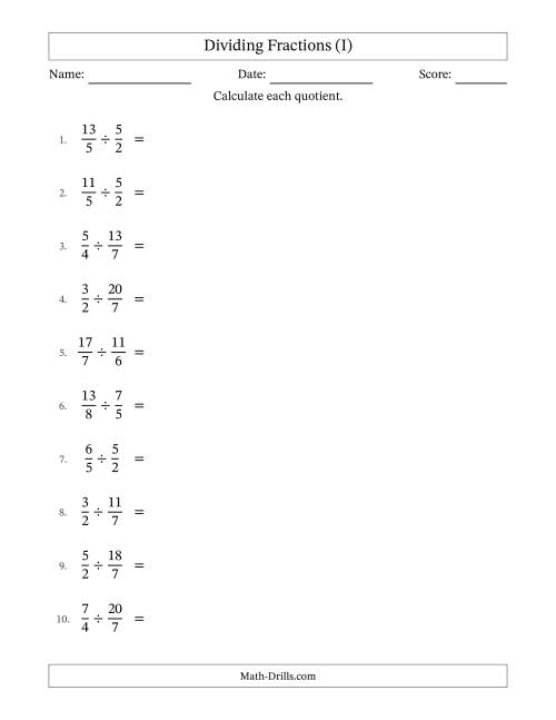 The Dividing Two Improper Fractions with No Simplification (I) Math Worksheet