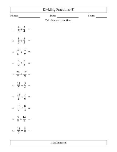 The Dividing Two Improper Fractions with No Simplification (J) Math Worksheet