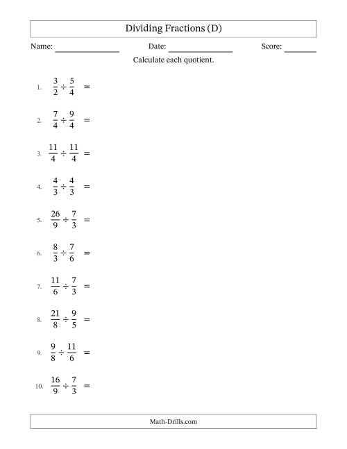 The Dividing Two Improper Fractions with All Simplification (D) Math Worksheet