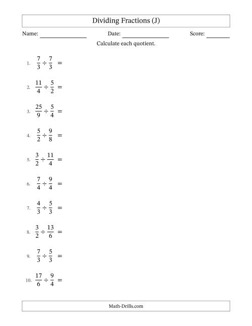 The Dividing Two Improper Fractions with All Simplification (J) Math Worksheet