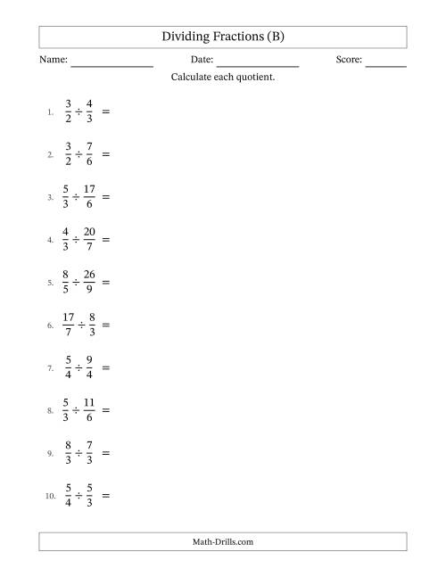 The Dividing Two Improper Fractions with Some Simplification (B) Math Worksheet