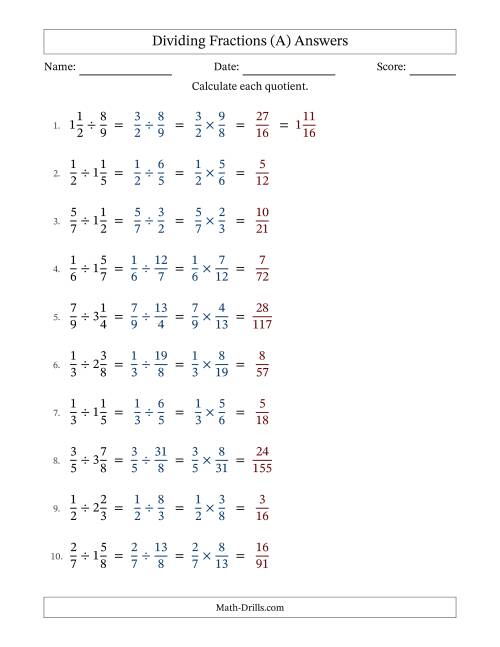 The Dividing Proper and Mixed Fractions with No Simplifying (A) Math Worksheet Page 2