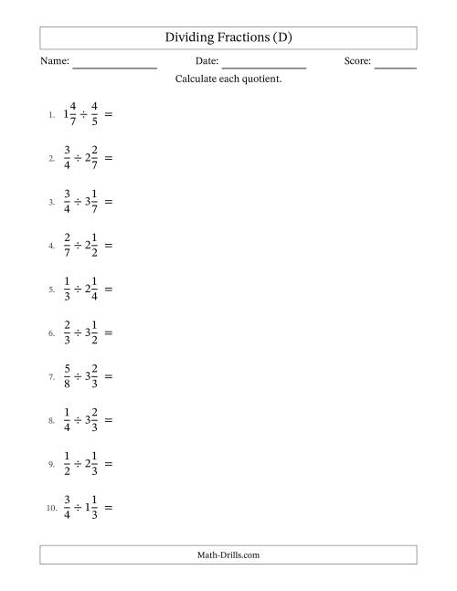 The Dividing Proper and Mixed Fractions with No Simplification (D) Math Worksheet