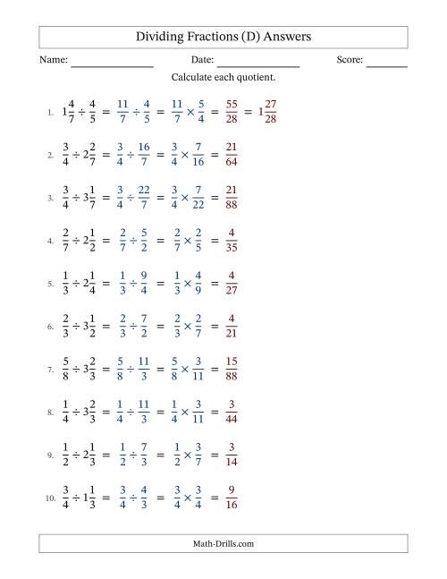 The Dividing Proper and Mixed Fractions with No Simplification (D) Math Worksheet Page 2