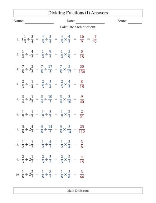The Dividing Proper and Mixed Fractions with No Simplification (I) Math Worksheet Page 2