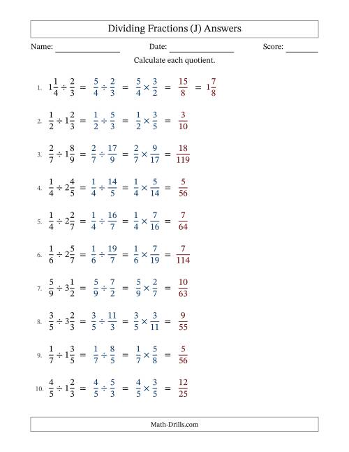 The Dividing Proper and Mixed Fractions with No Simplification (J) Math Worksheet Page 2