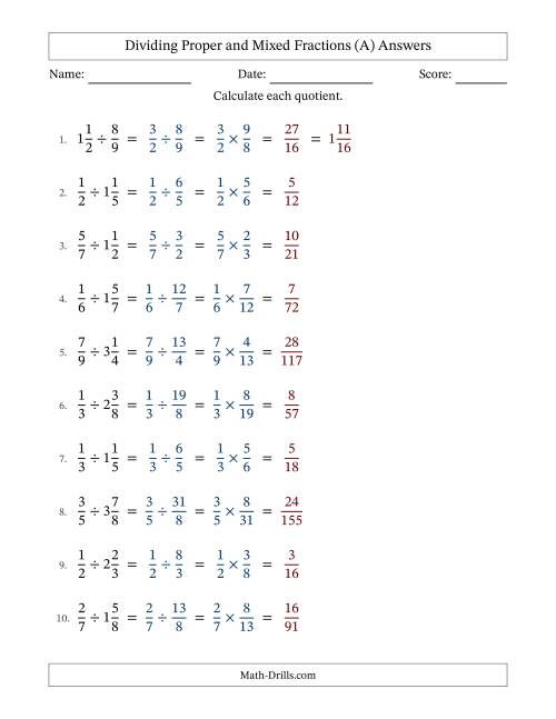 The Dividing Proper and Mixed Fractions with No Simplifying (All) Math Worksheet Page 2