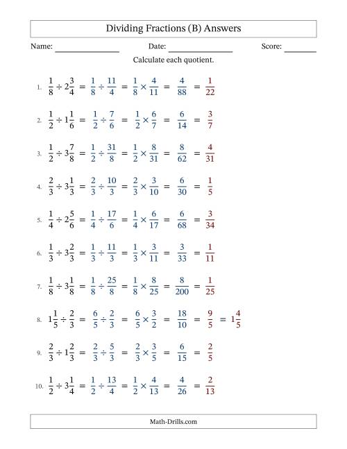 The Dividing Proper and Mixed Fractions with All Simplification (B) Math Worksheet Page 2
