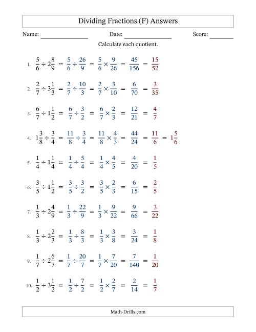 The Dividing Proper and Mixed Fractions with All Simplification (F) Math Worksheet Page 2