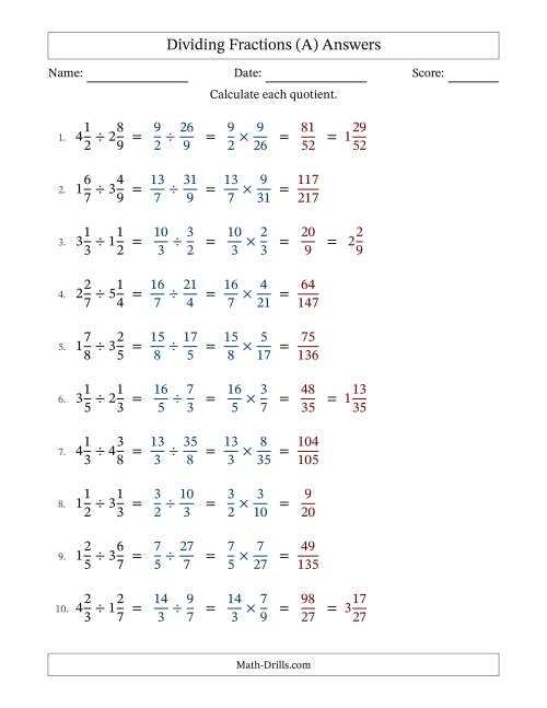 The Dividing Two Mixed Fractions with No Simplification (A) Math Worksheet Page 2
