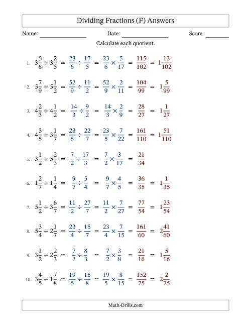 The Dividing Two Mixed Fractions with No Simplification (F) Math Worksheet Page 2