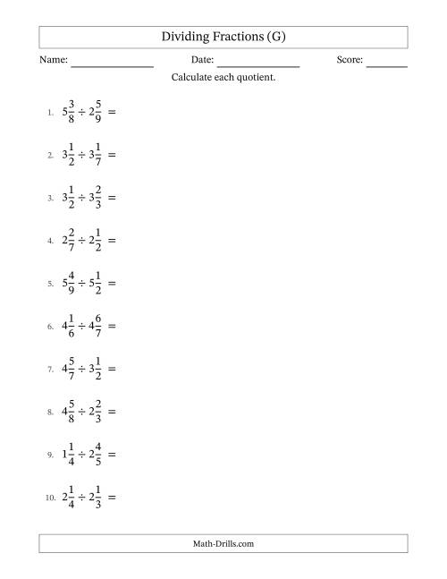 The Dividing Two Mixed Fractions with No Simplification (G) Math Worksheet