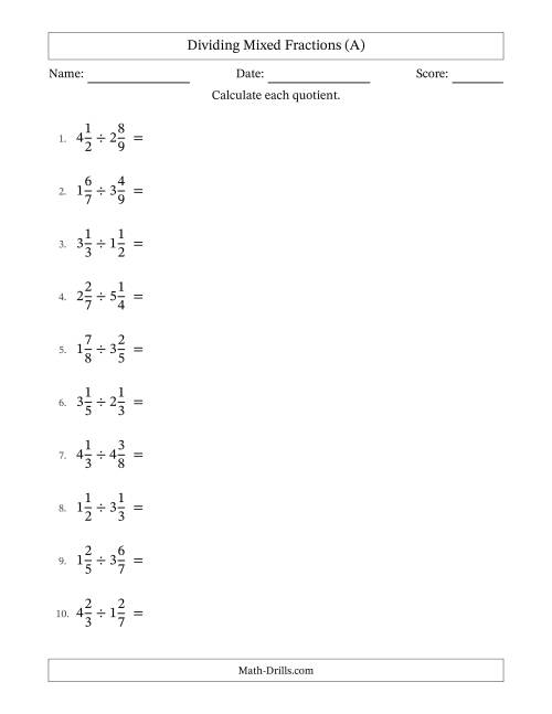 The Dividing Two Mixed Fractions with No Simplifying (All) Math Worksheet