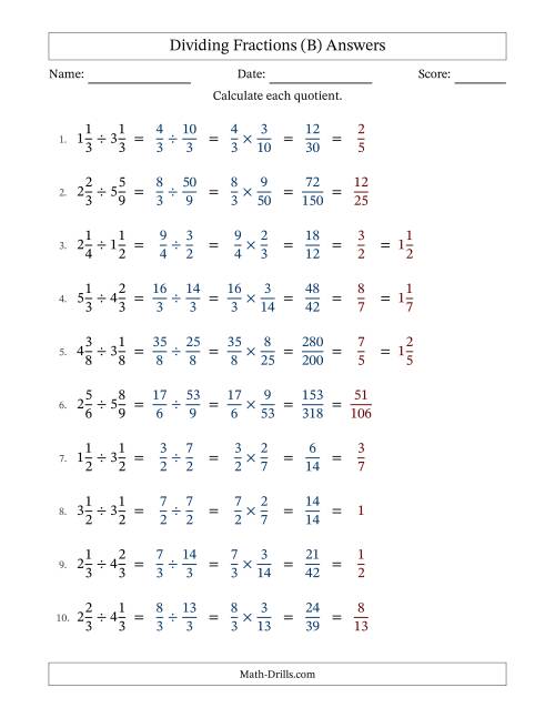 The Dividing Two Mixed Fractions with All Simplification (B) Math Worksheet Page 2