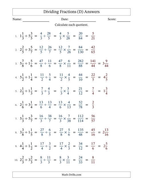 The Dividing Two Mixed Fractions with All Simplification (D) Math Worksheet Page 2
