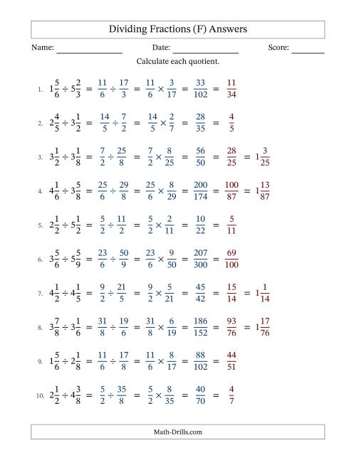 The Dividing Two Mixed Fractions with All Simplification (F) Math Worksheet Page 2