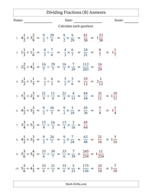 The Dividing Two Mixed Fractions with Some Simplification (B) Math Worksheet Page 2