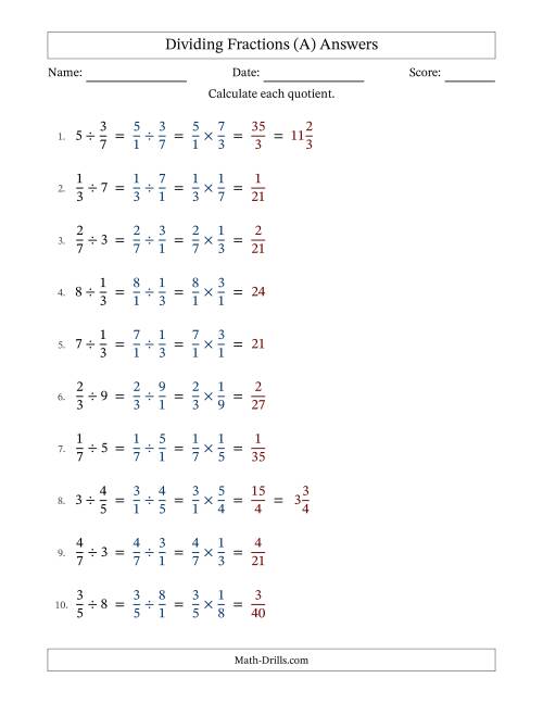 The Dividing Proper Fractions and Whole Numbers with No Simplifying (A) Math Worksheet Page 2