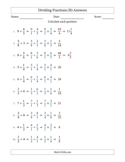 The Dividing Proper Fractions and Whole Numbers with No Simplification (B) Math Worksheet Page 2