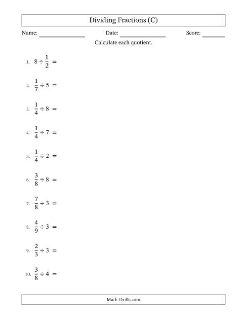 The Dividing Proper Fractions and Whole Numbers with No Simplification (C) Math Worksheet