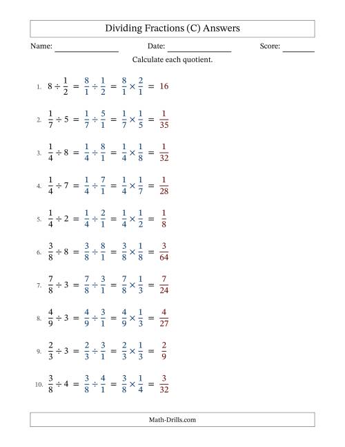 The Dividing Proper Fractions and Whole Numbers with No Simplification (C) Math Worksheet Page 2
