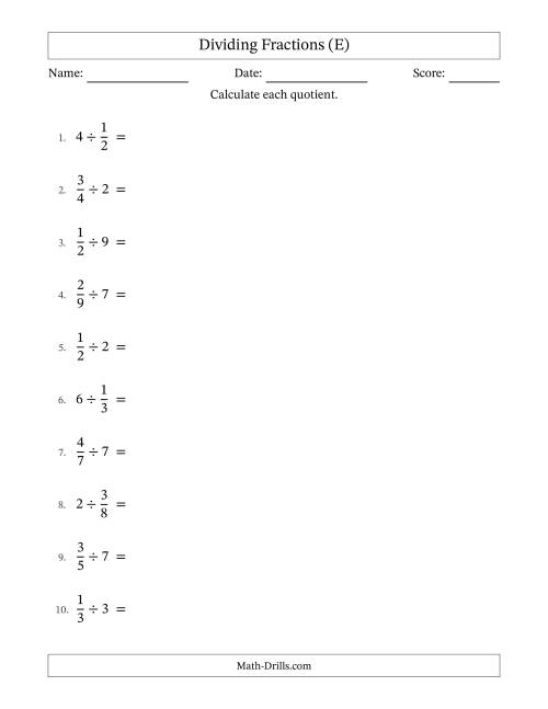 The Dividing Proper Fractions and Whole Numbers with No Simplification (E) Math Worksheet