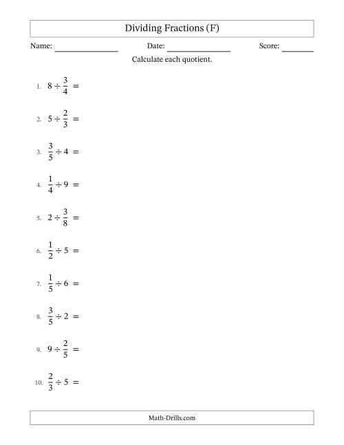 The Dividing Proper Fractions and Whole Numbers with No Simplification (F) Math Worksheet