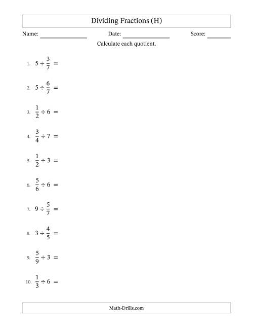The Dividing Proper Fractions and Whole Numbers with No Simplification (H) Math Worksheet