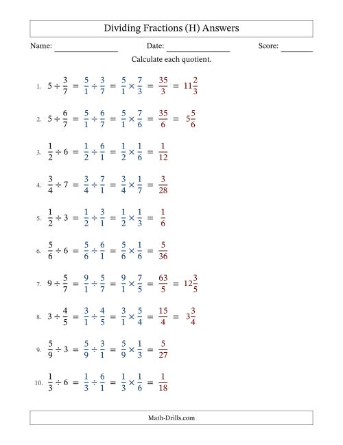 The Dividing Proper Fractions and Whole Numbers with No Simplification (H) Math Worksheet Page 2