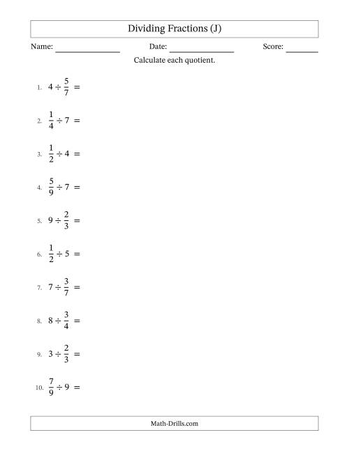 The Dividing Proper Fractions and Whole Numbers with No Simplification (J) Math Worksheet
