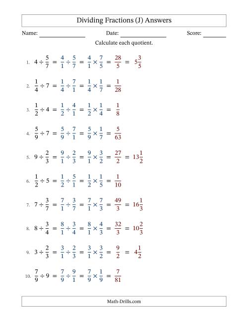 The Dividing Proper Fractions and Whole Numbers with No Simplification (J) Math Worksheet Page 2