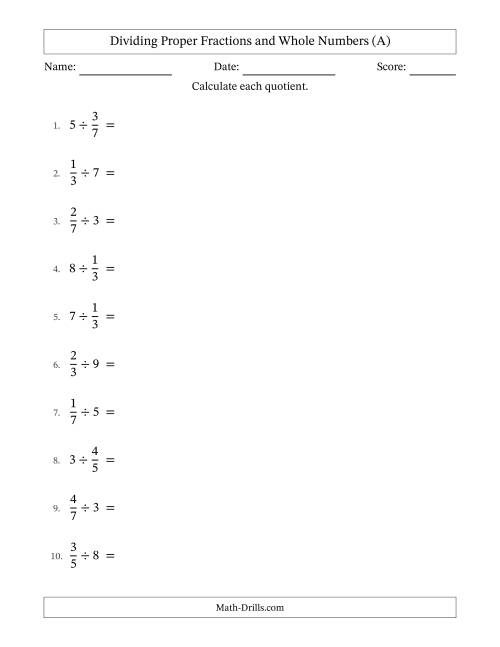 The Dividing Proper Fractions and Whole Numbers with No Simplifying (All) Math Worksheet