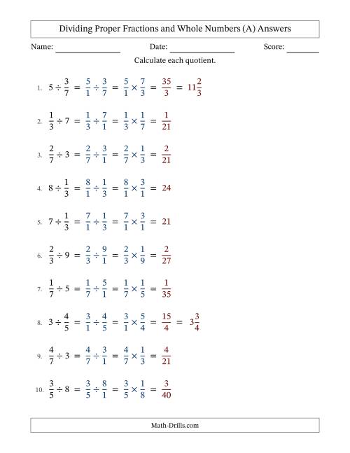 The Dividing Proper Fractions and Whole Numbers with No Simplifying (All) Math Worksheet Page 2