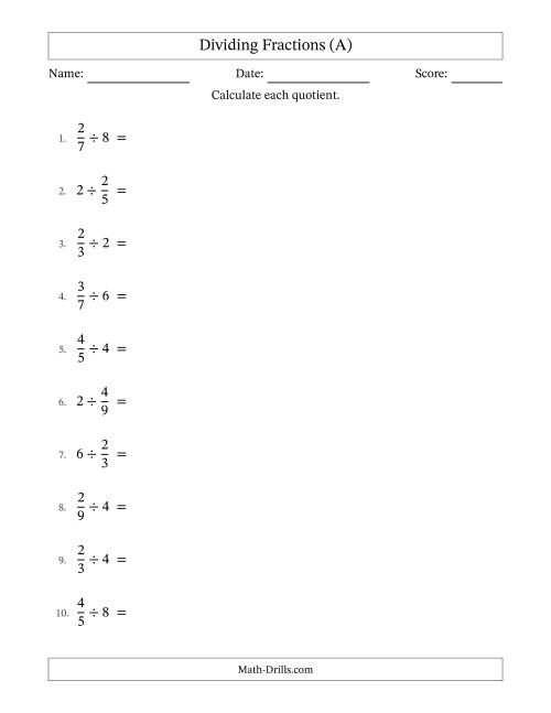 The Dividing Proper Fractions and Whole Numbers with All Simplifying (A) Math Worksheet