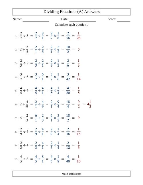 The Dividing Proper Fractions and Whole Numbers with All Simplifying (A) Math Worksheet Page 2