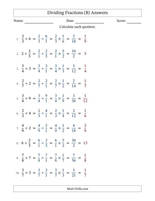 The Dividing Proper Fractions and Whole Numbers with All Simplification (B) Math Worksheet Page 2