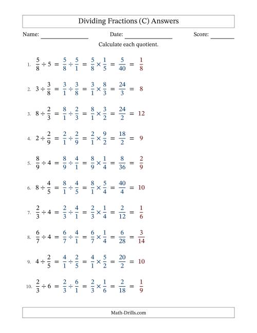 The Dividing Proper Fractions and Whole Numbers with All Simplification (C) Math Worksheet Page 2